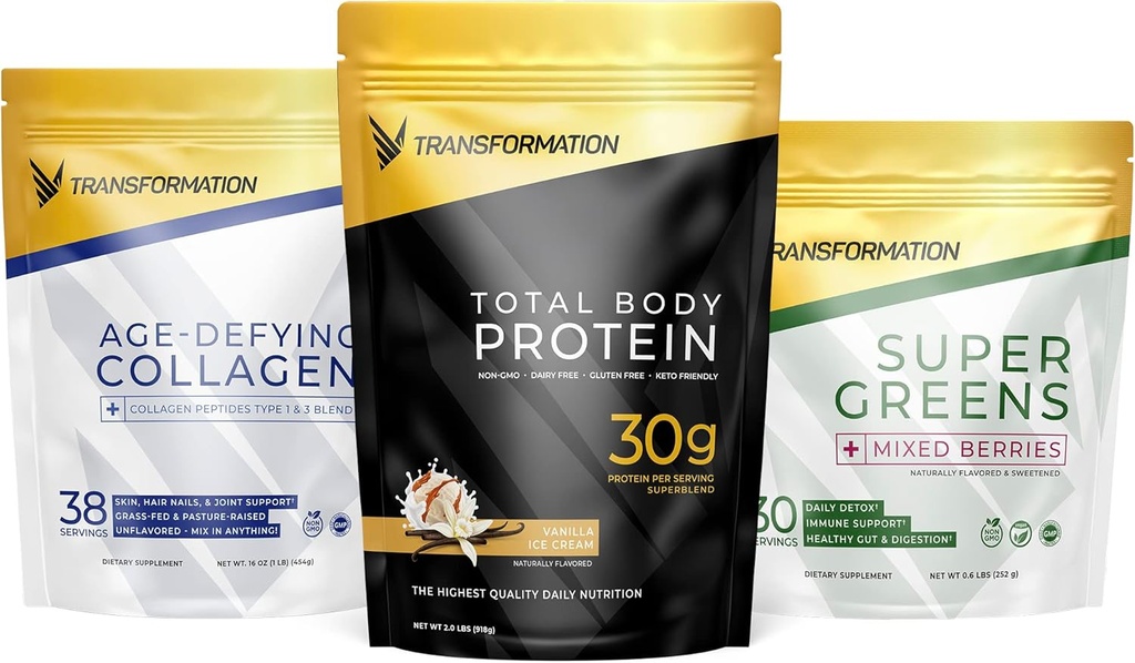 Transformation Vanilla Protein Powder | 30G Multi-Protein Superblend + Grass-Fed Hydrolyzed Collagen Peptides Powder- Hair, Skin, Nails + Organic Super Greens Superfood Powder- Immune & Energy Support