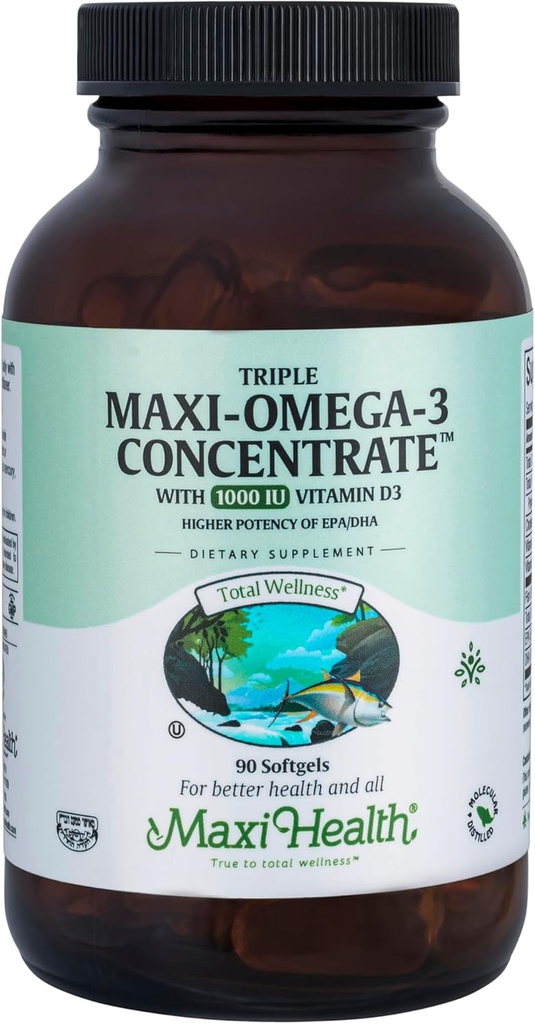 Maxi Health Triple Omega-3 - Fish Oil -"1000 IU" Vitamin D3-90 Capsules - Kosher