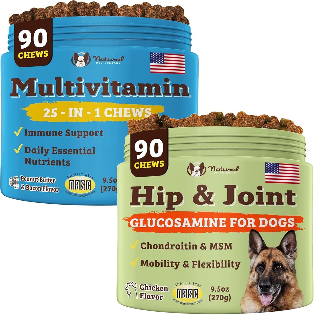 Natural Dog Company Dog Συμπληρώματα για Seniors & Active Dogs - Πολυβιταμίνες Chews & Hip & Joint Relief - Πλήρης Διατροφική Υποστήριξη για Κοινή Υγεία, Βιταμίνες για Σκύλους, Ενέργεια, & Ζωτικότητα