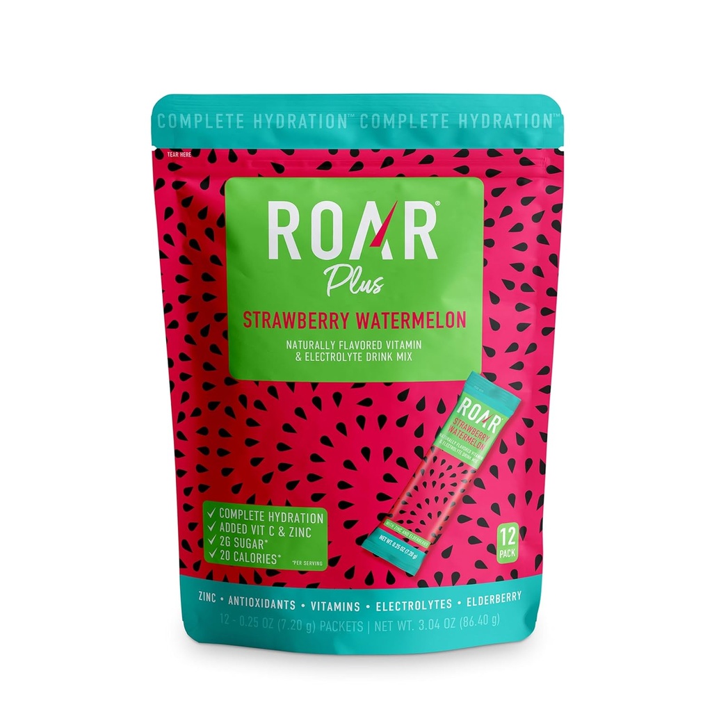Roar Complete Hydration Powder Plus - Συσκευασίες ενυδάτωσης με ψευδάργυρο και elderberry - Ηλεκτρόλυτες Powder No GMOs, Gluten Free - Tropical Twist - 12 τμχ
