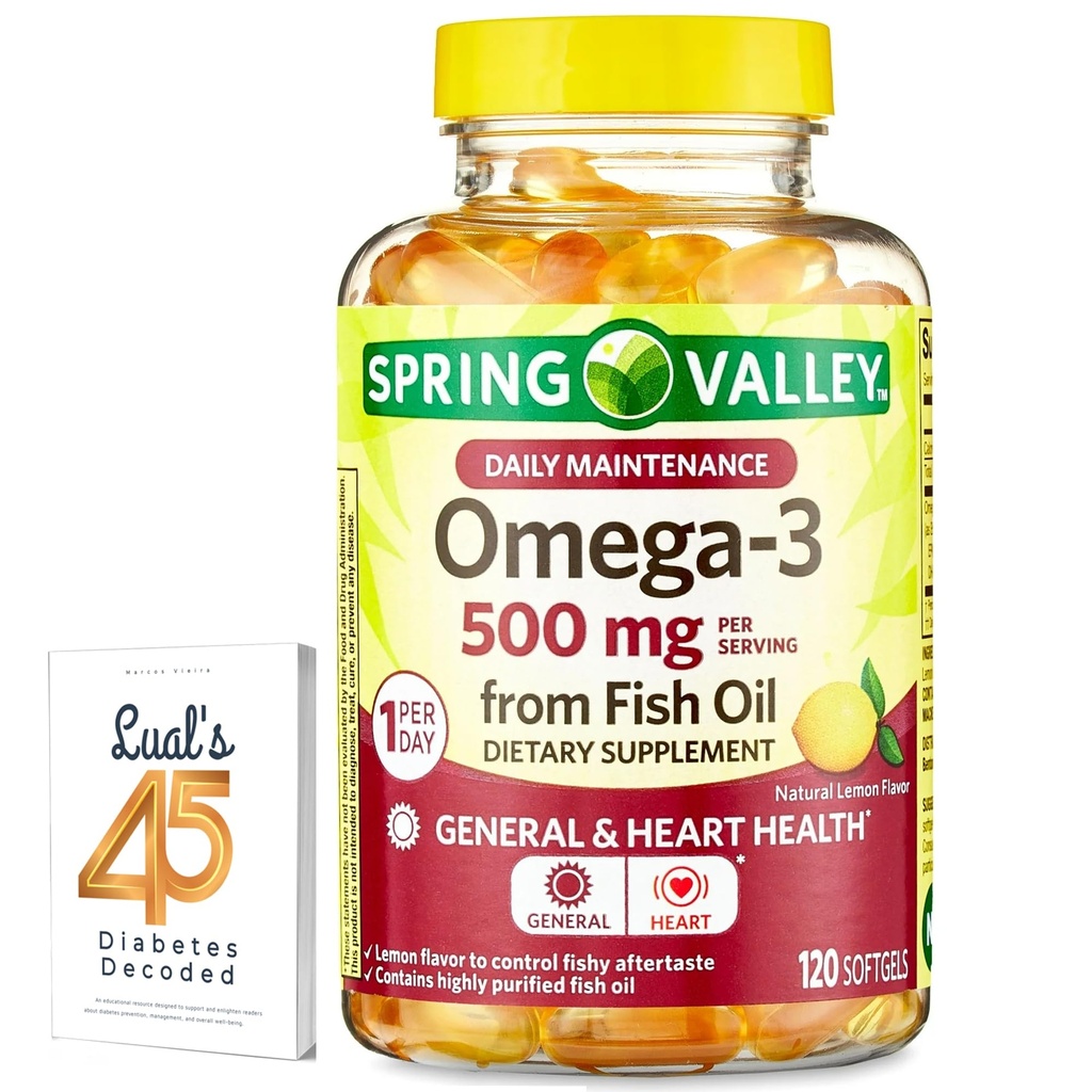 Spring Valley Omega-3 από Fish Oil 500 mg 120 Count, SoftGels, General & Heart Health Dietary Supplement Bundle με τον 45 διαβήτη του Luall Αποκωδικοποιημένο