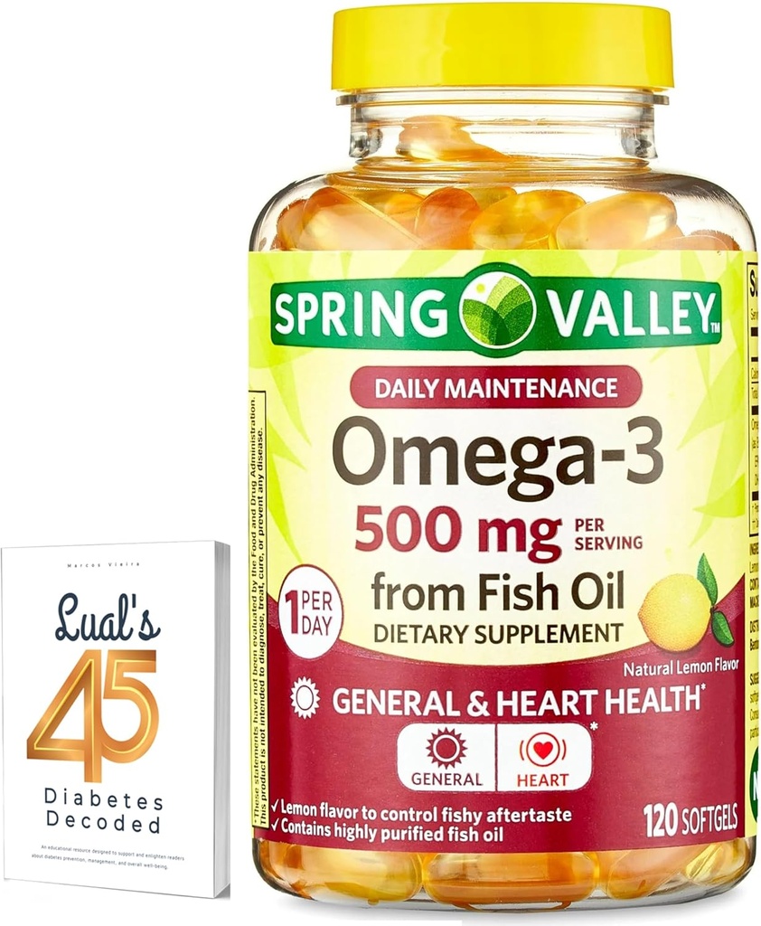 Spring Valley Omega-3 Balık Yağı 500 mg 120 Kont, SoftGels, General & Heart Health Diyetary Supplement Sched Luall's 45 Diabetes Decoded
