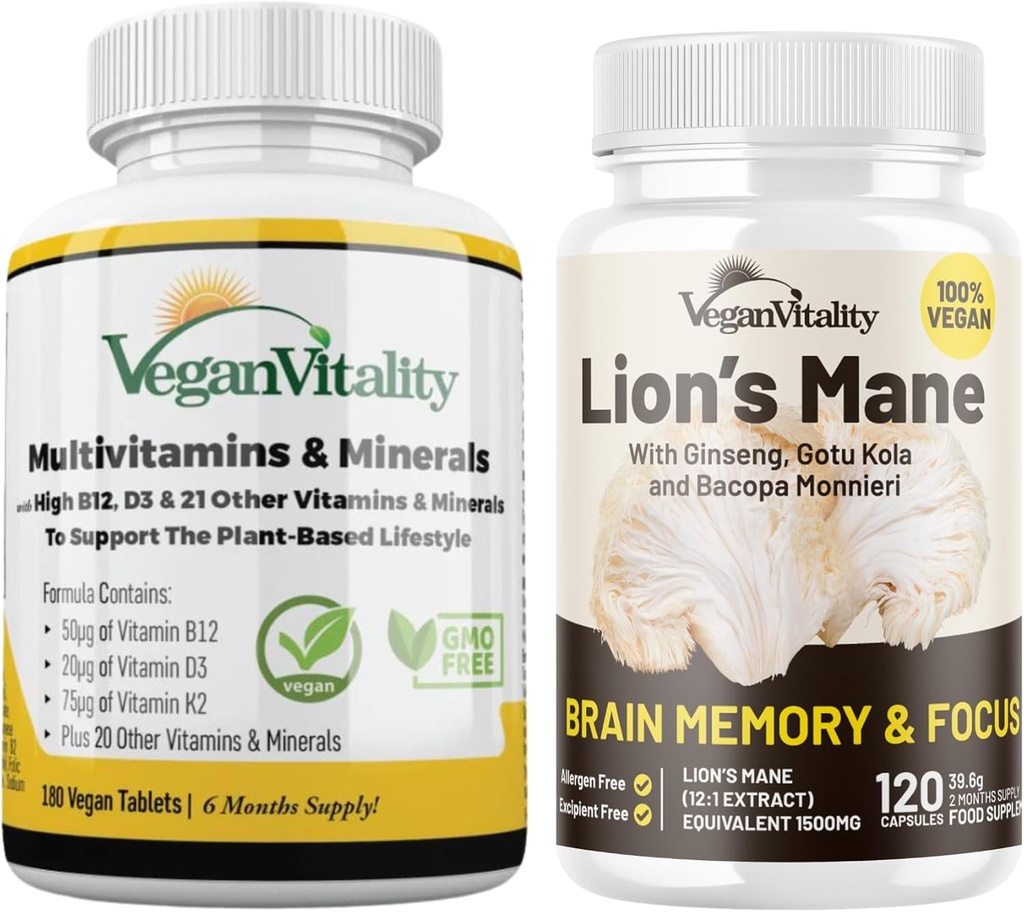 Vegan Vitality Lion's Mane x General Health Combo Sche - 6 Ay Lion's Mane ve Multivitamins