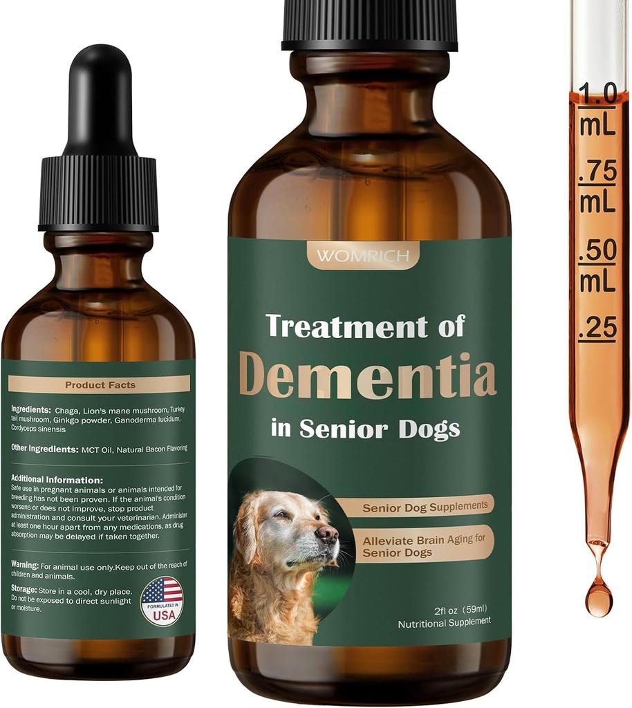Brain Health & Nervous System Support için Senior Dog Supplements, Mushroom Supplement for Dogs, Dementia Supplement for Calming & Relaxation, Addresses Getting Lost, Social Withdrawal - 59 ML