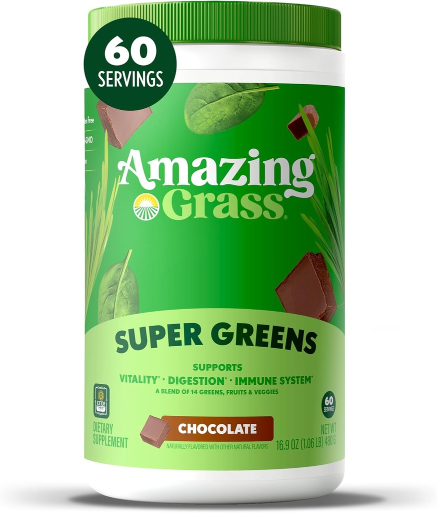 Amazing Grass Greens Superfood Powder: Greens Powder with Digestive Enzymes & Probiotics, Organic Spirulina, Chlorella, and Beet Root Powder, Chocolate, 60 Servies