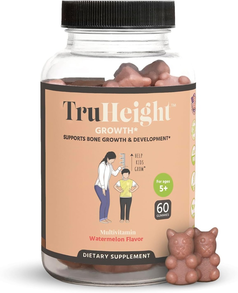 TruHeight Büyüme Gummies (Watermelon) Çocuklar ve Gençler için Doğal Büyüme ve Geliştirme Tamamı - D, K, Kalsiyum & Ashwagandha - Bone Strength Vitamins D3 K2 - Picky Eater Vitamini - 5+