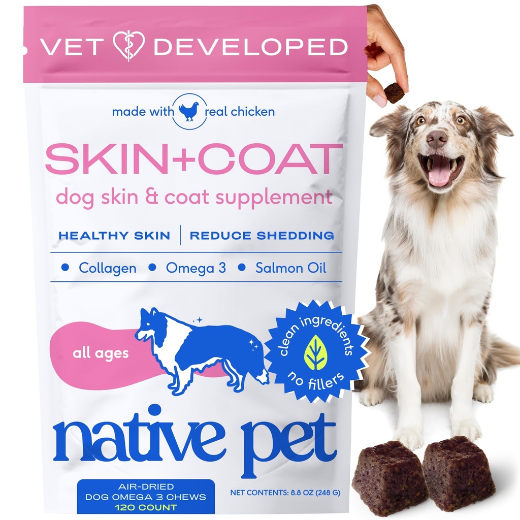 Yerli Pet Omega Skin ve Köpekler için Çekilir - Köpek Cilt ve Sağlıklı, Shiny Fur, Shedding ve Kuru Spots - Omega 3 Fish Oil ve Wild-Caught Salmon Oil - 120 Chews