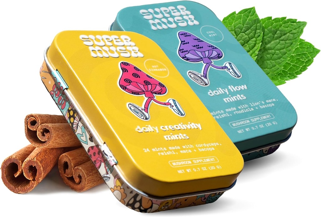 SuperMush Daily SuppleMint - 2 Flow & Focus Mints + 2 Yaratıcılık ve Bağlantı Mints - Mushroom Mint Supplements - Lions Mane, Cordyceps ve Reishi Karma Mushrooms