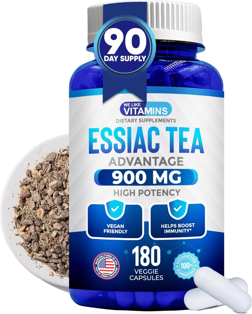 Vitaminler Essiac Tea Capsules - 180 Kont Immune Support Supplement with Burdock, Koyun Sorrel, Terpery Elm & Türkiye Rhubarb - Gerçek Essiac Tea 900 mg Daily Dose