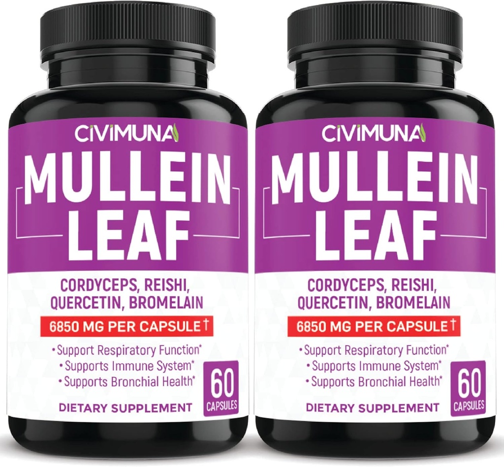 (2 Packs) Mullein Leaf Capsules 6850 mg - Mullein Leaf, Cordyceps, Reishi - 4 Ay Supply