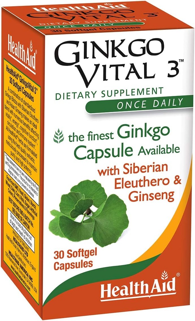 SağlıkAid Ginkgo Vital 3 – Bir kez Ginkgo Biloba, Sibirya Eleuthero & Kore BTC | Ruh Clarity & Circulation | 30 Softgels & Circulation |