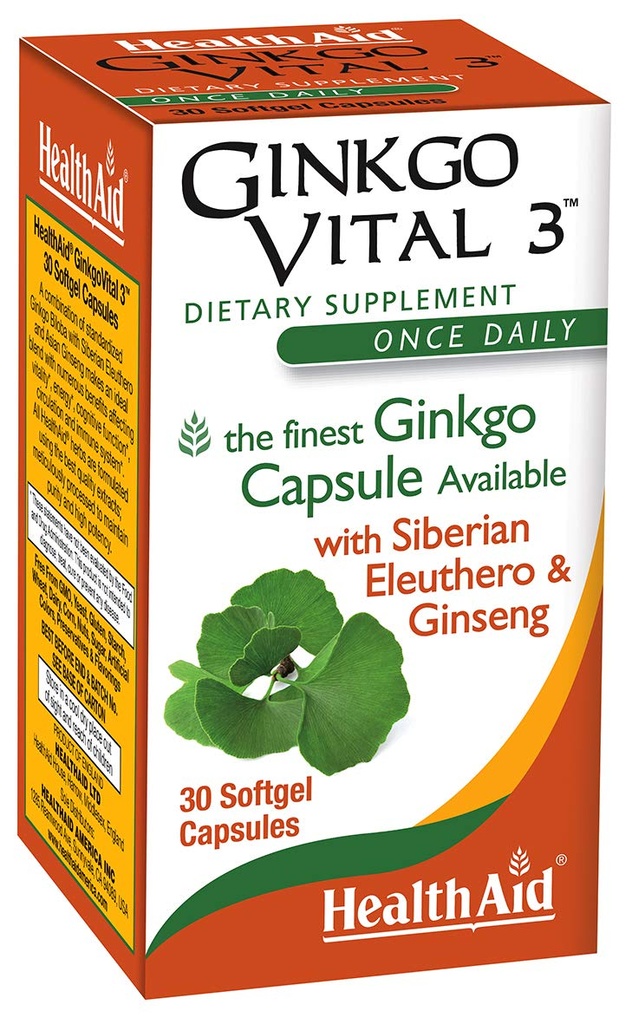 SağlıkAid Ginkgo Vital 3 – Bir kez Ginkgo Biloba, Sibirya Eleuthero & Kore BTC | Ruh Clarity & Circulation | 30 Softgels & Circulation |
