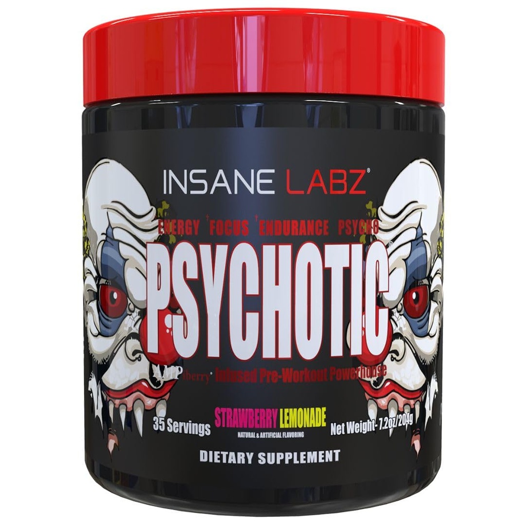 Insane Labz Ψυχωτικό, υψηλής διεγερτικής πριν από την προπόνηση σκόνη, ακραία διαρκής ενέργεια, εστίαση και αντοχή με Beta Alanine, Creatine Monohydrate, DMAE, 35 Srvgs (Λεμονάδα Strawberry)