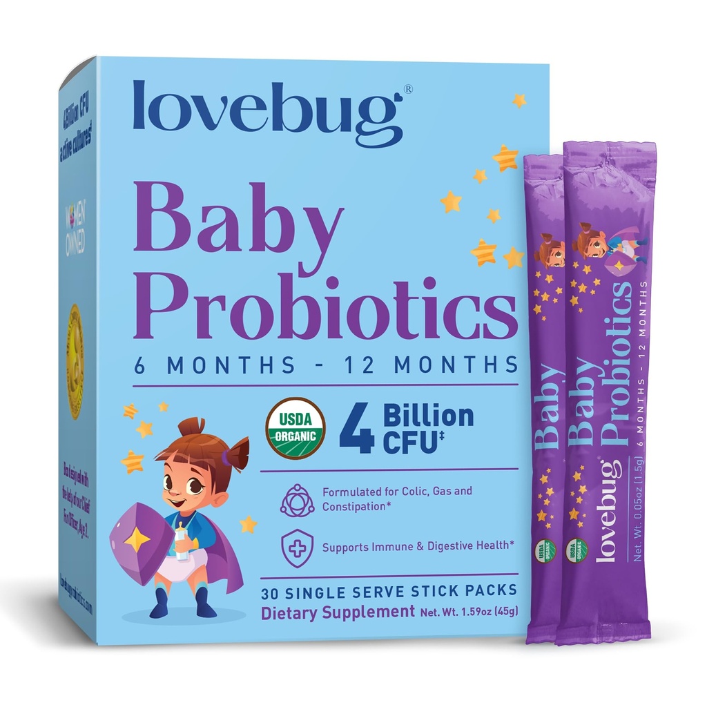 LOVEBUG Probiotics για μωρά - Βιολογικά Προβιοτικά Μωρού 6-12 Μήνες για βρεφική Ανοσολογική Υποστήριξη, Αέριο, Κολική, Διάρροια & Βρεφική Δυσκοιλιότητα Ανακούφιση Ζάχαρη-ελεύθερο, Άγευστη Σκόνη, 30 Πακέτο