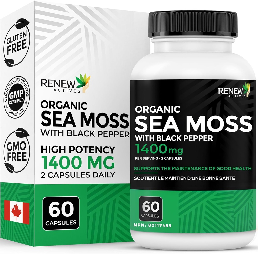 Yeni Actives Sea Moss Triple-Action Antioksi Mix with BioPerine – Organik İrlandalı Deniz Moss 500MG, Bladderwrack 500MG & Burdock Root 400MG per 2 Capsules - Made in Canada - 60 Capsules
