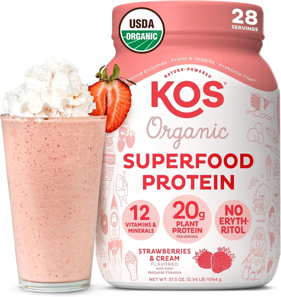 KOS Vegan Protein Toz, Strawberries & Cream USDA Organik - Low Carb Pea proteini, Plant Based Superfood with Vitamins & Minerals, Gluten Free - Meal Change for Women & Men - 28 Servisler