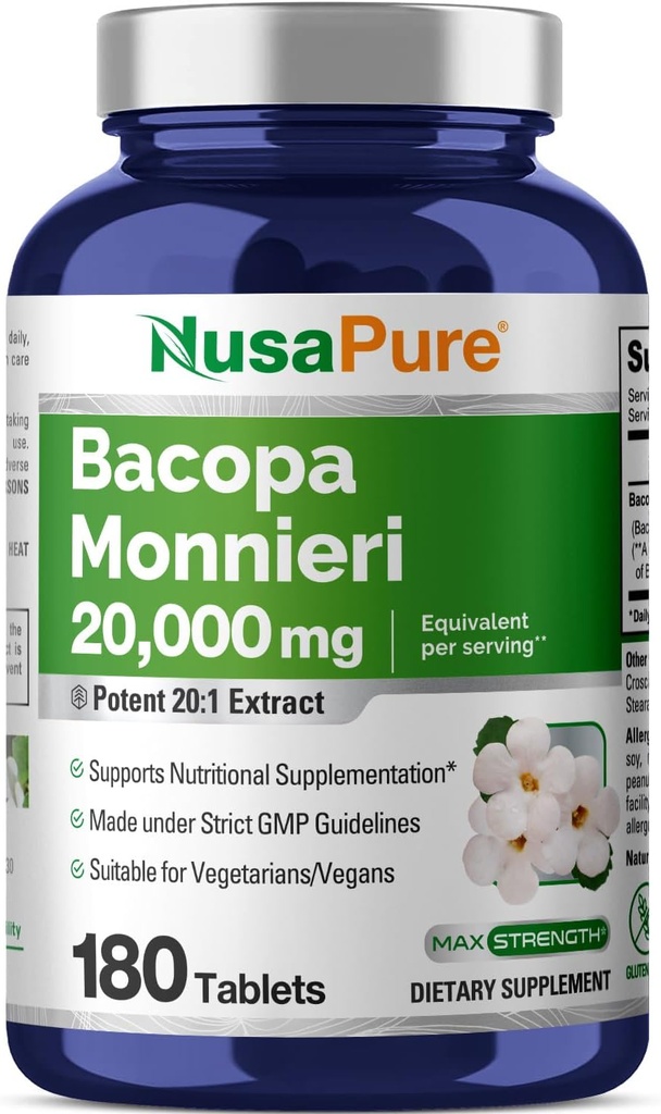 NusaPure Bacopa Leaf Monnieri 20.000 mg 180 Tablet (Extract 20:1, Non-GMO, Gluten Free)