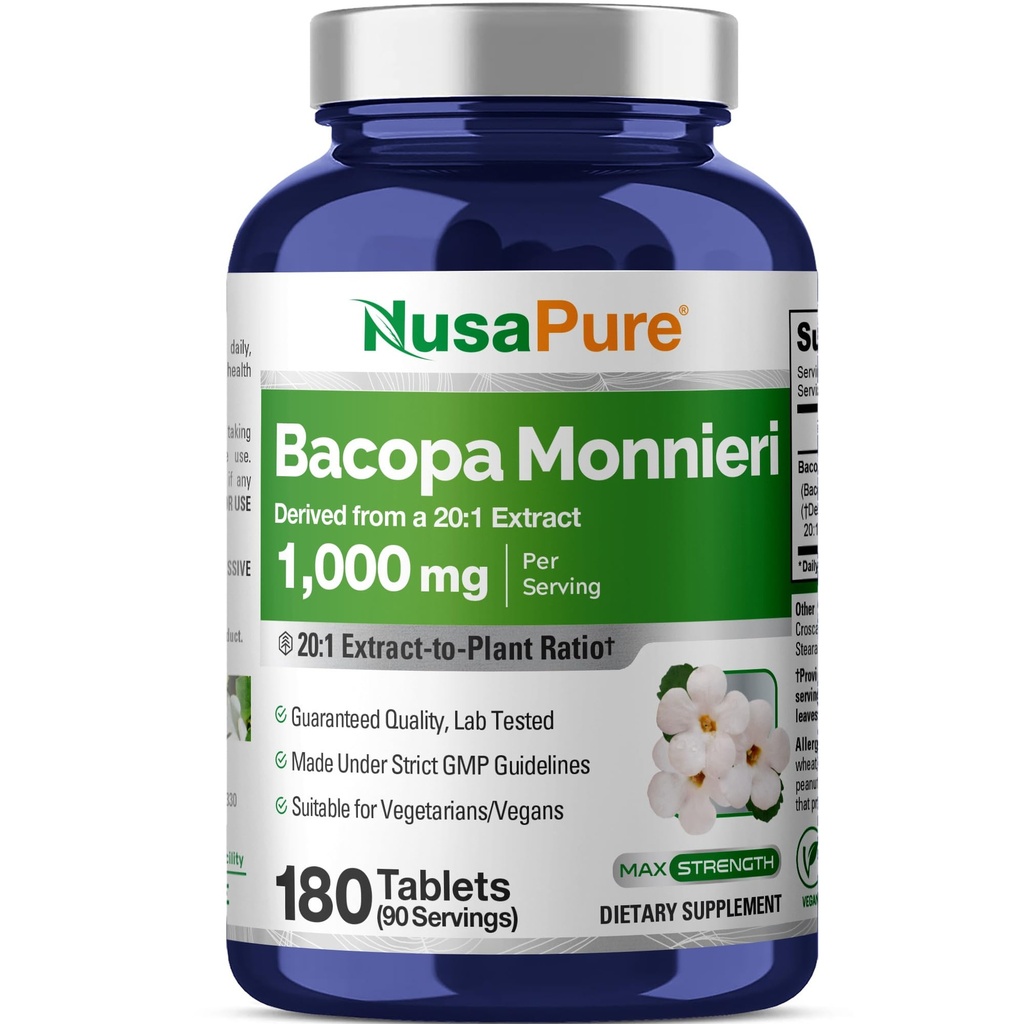 NusaPure Bacopa Leaf Monnieri 20.000 mg 180 Tablet (Extract 20:1, Non-GMO, Gluten Free)