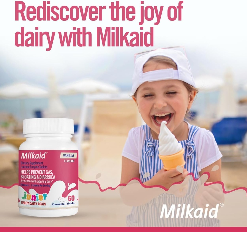 Milkaid Junior Flavor Paketi | Gazları Önlemeye Yardımcı, Çocuklarda Diarrhea | Çocuklar için Hızlı Yasası | 180 Tablet