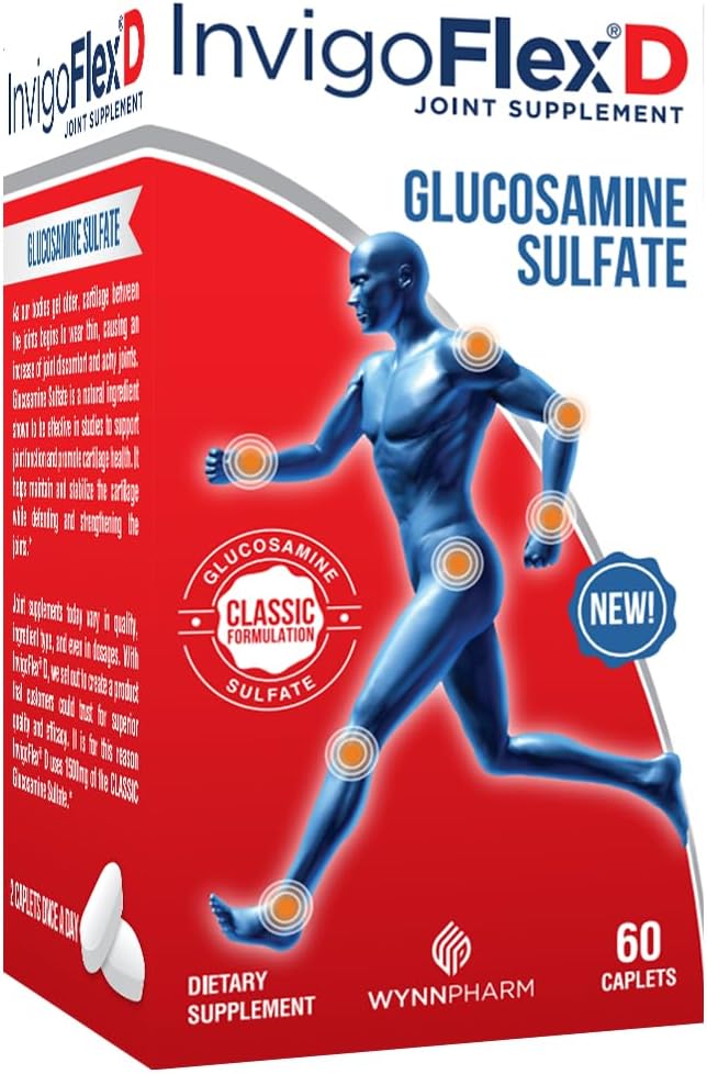 INVIGOFLEX® D - 1500mg θειικής γλυκοζαμίνης (Classic Formulation) - Premium συμπλήρωμα κοινής χρήσης για τα γόνατα, τα χέρια, την πλάτη, και την υποστήριξη του ισχίου D: θειική γλυκοζαμίνη, Caplets - 60 Ct