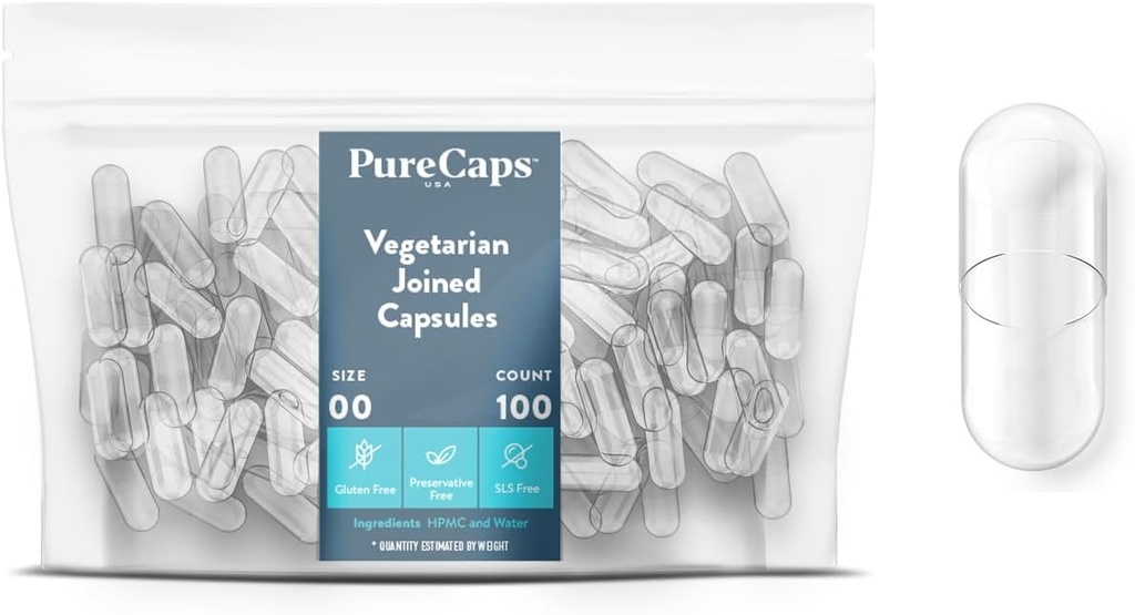 PureCaps USA - Boş Vejetaryen ve Vegan Pill Capsules Boyutu 00| 100 Joined Pills| Clear| Non-GMO Sertifikalı| SLS, Gluten, Preservative Free Free