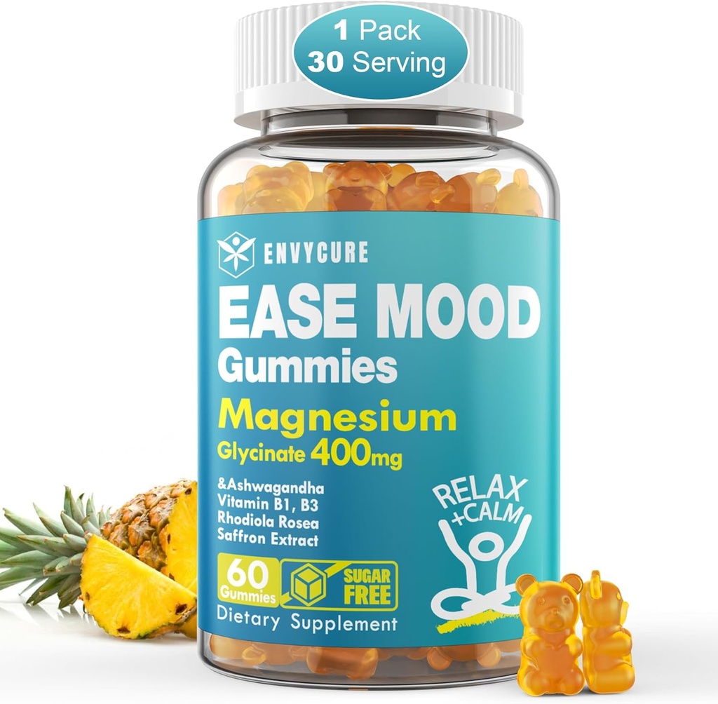 Χωρίς ζάχαρη Μαγνήσιο Γλυκινικό Gummies 400mg με Ashwagandha, B1, B3, Rhodiola Rosea & Saffron για την υποστήριξη Ξεκούραση, Mood & Energy Calm Μαγνήσιο Gummies για ενήλικες, Chewable Magnesium Supplement, 60Ct