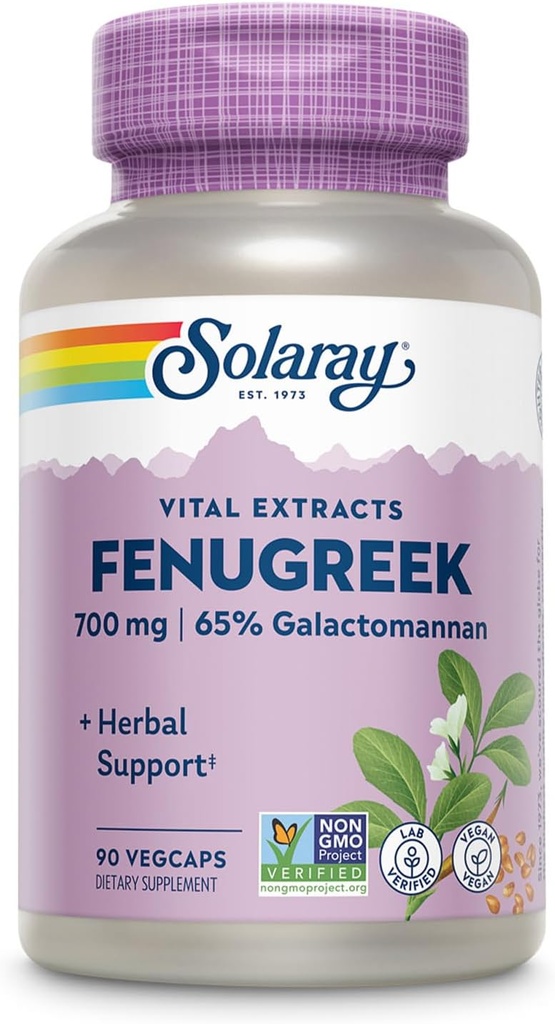 SOLARAY Fenugreek Seed Extract 700 mg - κάψουλες Fenugreek με 65% Γαλακτομαννικές Διατροφικές Ίνες - Μη ΓΤΟ, Vegan Fenugreek Supplement for Healthy Digetion Support - 45 Servings, 90 VegCaps
