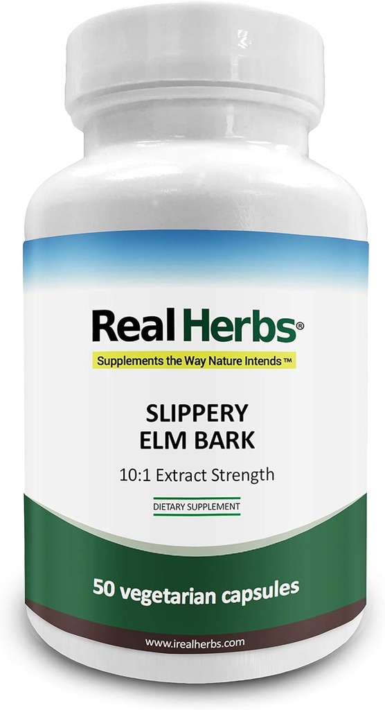 Real Herbs Slippery Elm Bark Extract-Derived from 7000mg Slippery Elm Bark with 10:1 Extract Strength- Soothes Soreness of Mucous Membranes, Antioxidant Skin Health Support–50 Vegetarian Caps