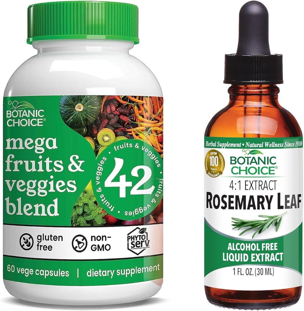 Βοτανική επιλογή Mega Fruits and Veggies Blend (60 κάψουλες) + εκχύλισμα φύλλων δεντρολίβανου (1 fl oz) Bundle - Energy Balance & Superfood Supplement + Συγκέντρωση & υποστήριξη μνήμης