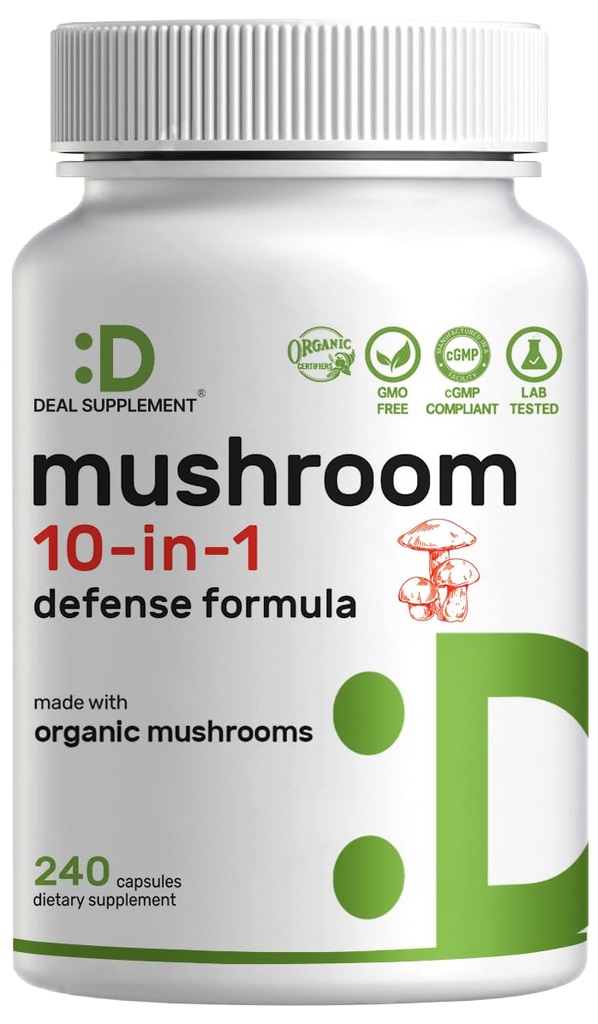 Organik 10in-1 Mushroom Supplement, 240 Capsules – Lions Mane, Türkiye Tail, Reishi, Cordyceps & More Mushroom Kompleksi – Immune, Energy & Nootropic Brain Support – Non-GMO