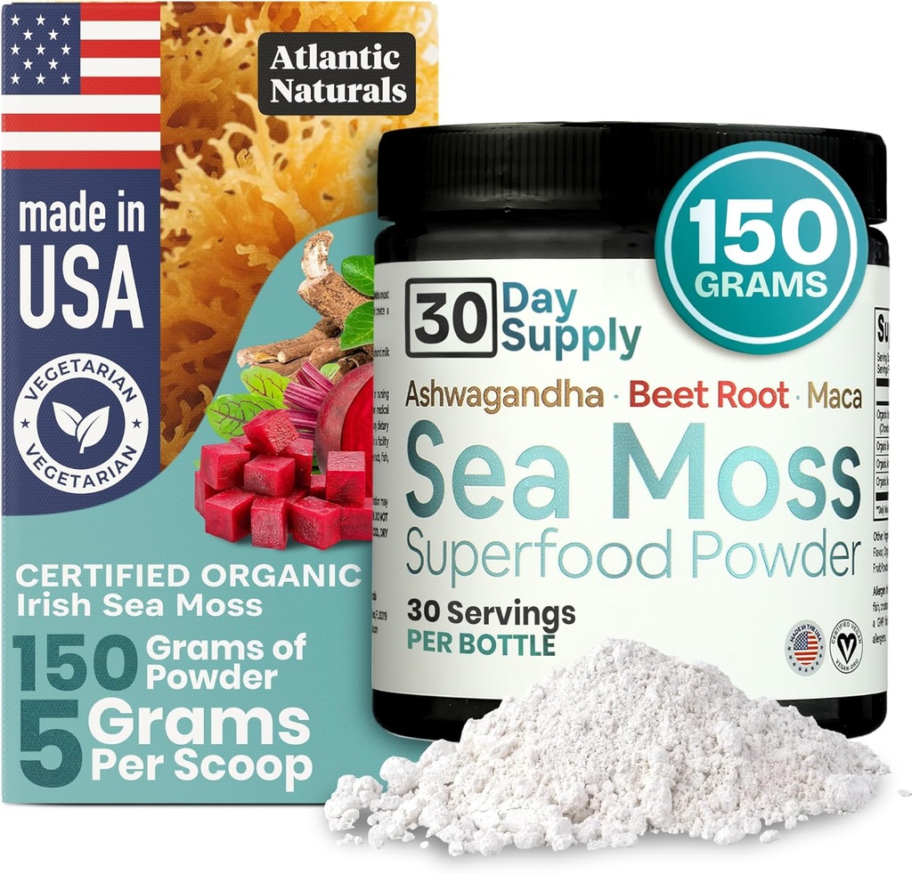 Atlantic Naturals Sea Moss Superfood Toz Ashwagandha, Beet Root ve Maca Root - Sea Moss Toz Sağlıklı Skin, Athletic Performansı ve Olumlu Mood - Vanilla Flavor (150g)