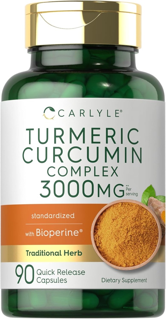 Carlyle Turmeric Curcumin with Black Pepper 3000 mg | 90 Toz Capsules | Kompleks Supplement with Bioperine | Non-GMO, Gluten Free Free