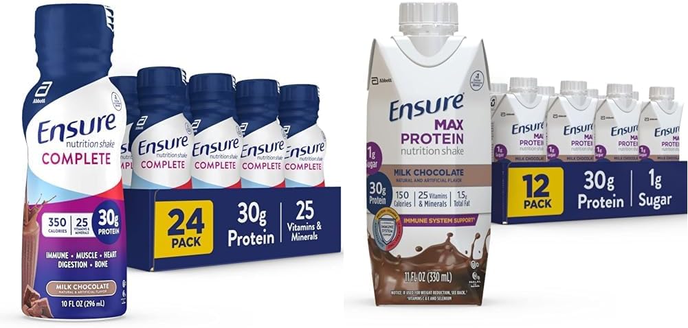 Ensure COMPLETE Nutrition Shake & Max Protein Nutrition Shake with 30g of Protein, 1g of Sugar, High Protein Shake, Milk Chocolate, 11 Fl Oz (Pack of 12), Liquid, Halal