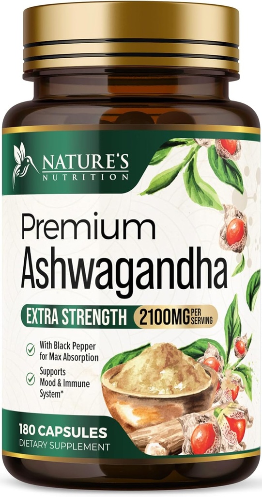 Ashwagandha Supplements - 2100 mg Ashwagandha Capsule for Women & Men, Natural Antioksi Support, Ashwa Root Extract, Extra Strength Calm Support with Black Pepper, Vegan & Gluten Free - 180 Capsules
