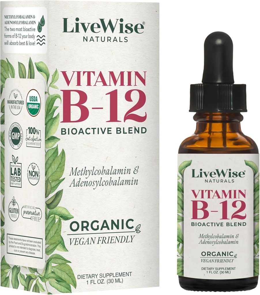 LiveWise Naturals B12 Vitamin Drops Non-GMO, Organik Bioaktif pla for Energy, Clarity, Focus, and Easy Abxia, Adenosylcobalamin & Torchcobalamin Supplement, Vegan, Gluten-Free, Dairy-Free