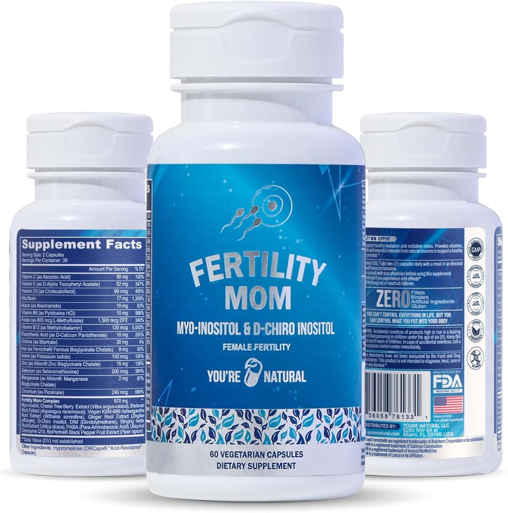You'RE NATURAL Conception Ferttitude Vitamins for Women - Prenatal Vitaminler - Myo-Inositol, D-Chiro Inositol & Folate, Regulates Cycle, Aid Ovulation, Hormonal & Ovarian Support, Vitex, 30 Day Supply