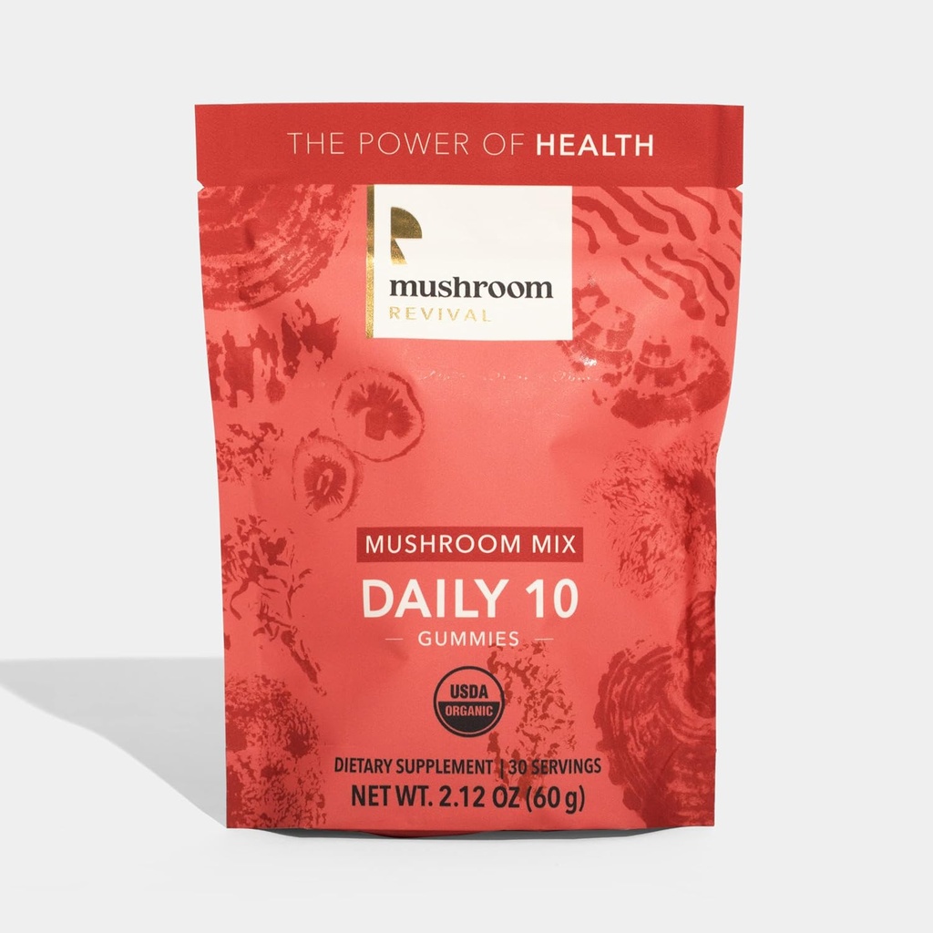 Mushroom Revival, Organik, Günlük 10 Mushroom Mix Gummies, 2.12 Ounces, Non-GMO, Vegan, Gluten Free, Chem, Dairy Free,