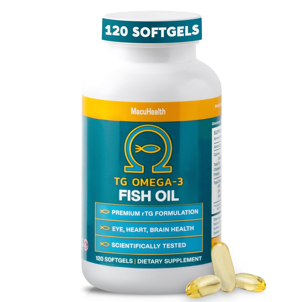 Macuhealth Omega 3 Fish Oil - 1100 mg DHA, 1100 mg EPA, Eye & Brain Health Supplement, Triglyceride Formula, 120 Softgels