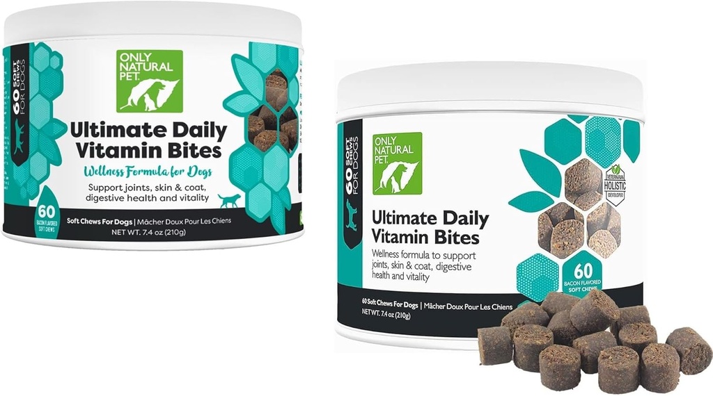 Only Natural Pet Ultimate Daily Vitamins - Complete Multivitamin Supplement for Dogs Balanced Health & Vitality - Senior Small & Large Canine Food Immune Digestive Support -60 Soft Chews (Pack of 2)
