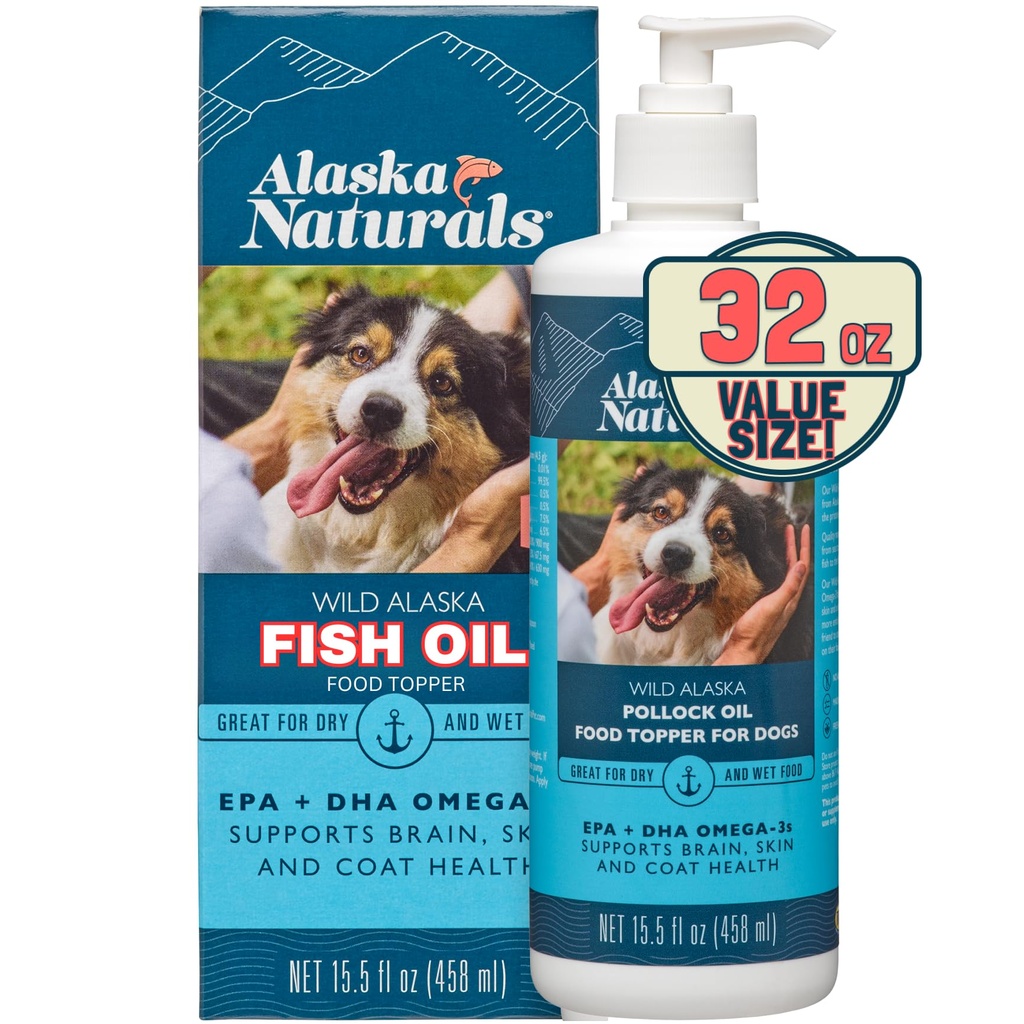 Alaska Naturals Wild Alaskan Fish Oil Supplement for Dogs Skin and Coat with EPA DHA Omega 3 Fatty Acids Sustainable Liquid Food Topper 32 oz. Pump Pump