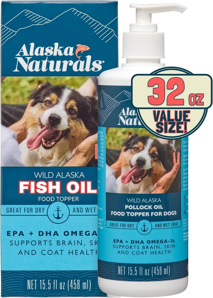 Alaska Naturals Wild Alaskan Fish Oil Supplement for Dogs Skin and Coat with EPA DHA Omega 3 Fatty Acids Sustainable Liquid Food Topper 32 oz. Pump Pump