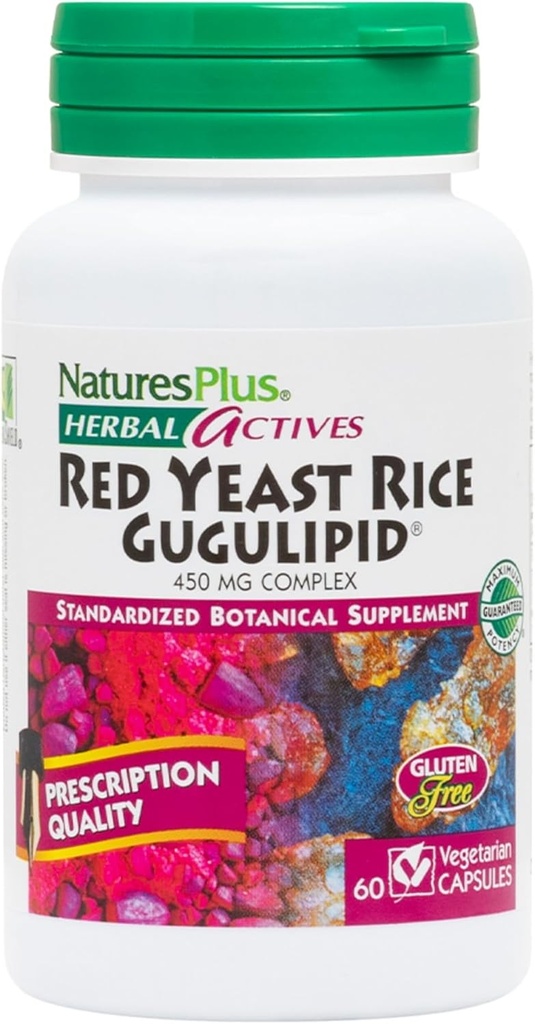 NaturesPlus Red Yeast Rice Gugulipid Complex - 450 mg, 60 Vegan Κάψουλες - Prescription Quality φυτικό συμπλήρωμα, Χοληστερόλη Υποστήριξη - Χορτοφαγικά, Χωρίς γλουτένη - 60 Σερβιέτες