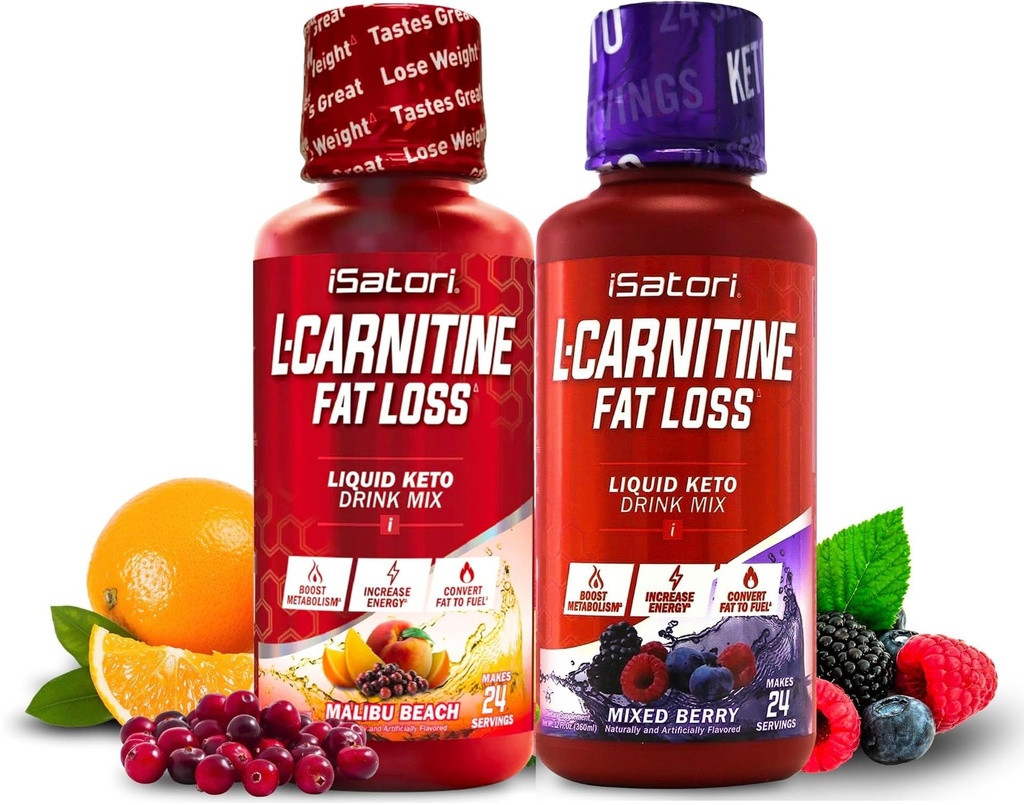 iSatori L-Carnitine 1500, Sıvı L-Carnitine with Acetyl L-Carnitine, Karma Berry Flavor (24 Hizmet) & Malibu Beach Flavor (24 Hizmet)