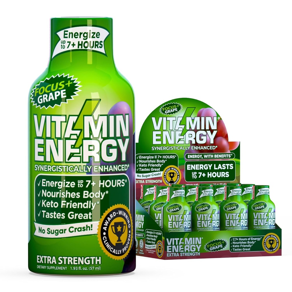 Vitamin Energy Focus+ Extra Strength Energy Shot Grape 12 Pack, 260mg Natural Caffeine, B-Vitamins, CoQ10, Amino Acids, Focus, Productivity & Clarity, Zero Sugar, Gluten-free, 1.93 fl oz