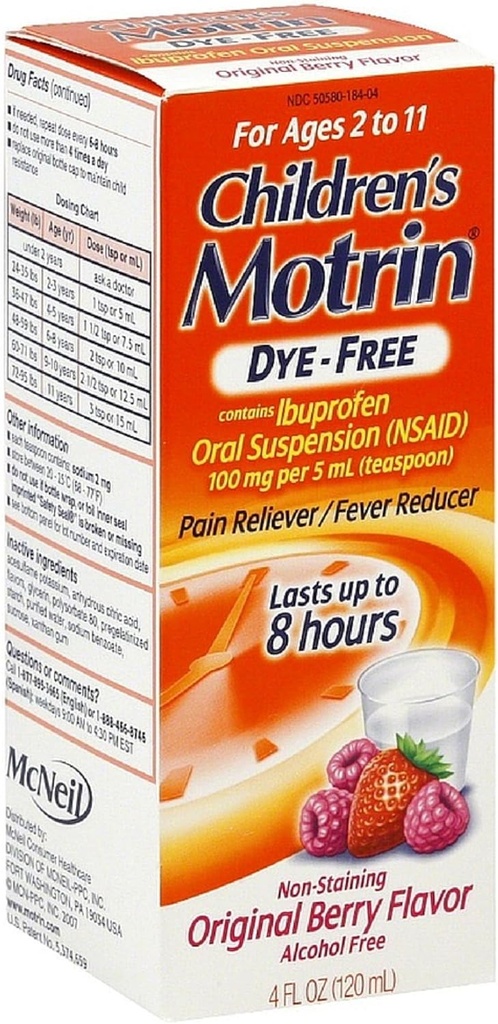 Motrin Children's Dye-Free Pain Reliever/Fever Function, Original Berry Flavor 4 Oz (3 Pack)