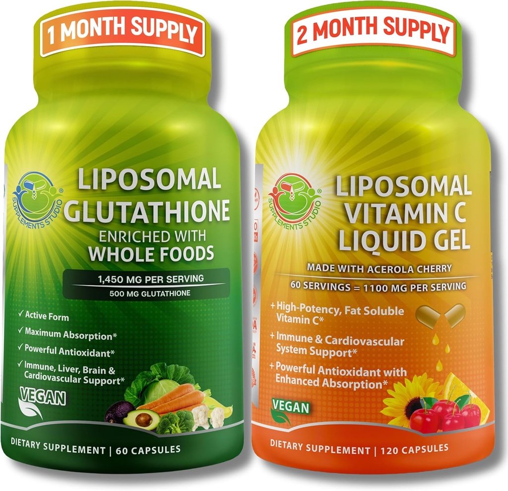 SUPPLEMENTS STUDIO Antioxidant, Cellular & Immune Support Bundle – Liposomal Glutathione 500mg with Organic Whole Foods + Liposomal Vitamin C 1100mg with Organic Acerola Cherry