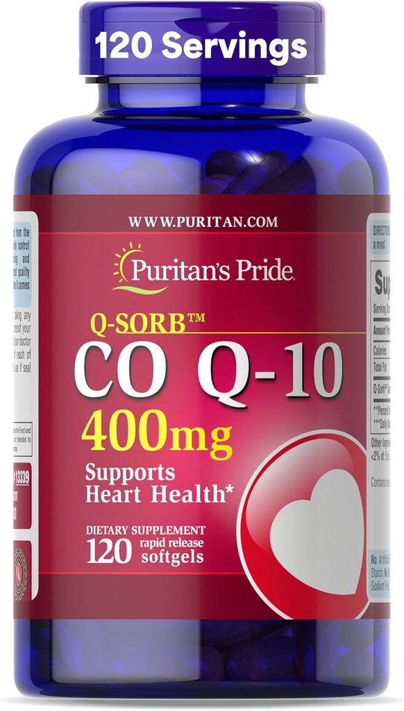 Puritan's Pride Coenzyme CoQ10 400mg, Συμπλήρωμα διατροφής για την υγεία της καρδιάς, την πίεση του αίματος, την υγεία των στοματικών ούλων, και την υγιή υποστήριξη γήρανσης, 120 ημέρες προσφοράς, ταχεία απελευθέρωση Softgels