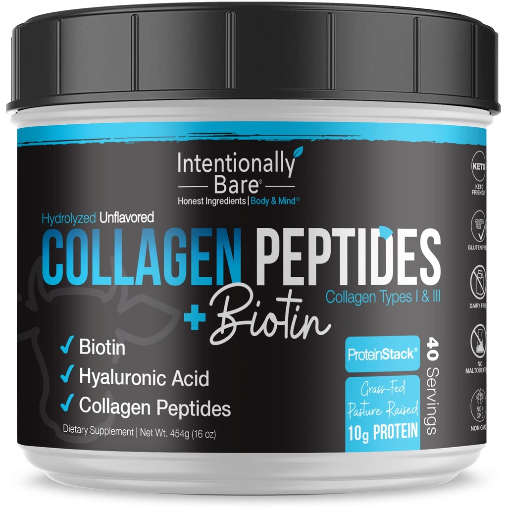 Neyse ki, Bare Collagen Toz Unflavored - Biotin & Hyaluronic Acid ile Collagen Powder Toz – Non-GMO & Grass Fed Collagen Protein Tozu 10g proteini - Keto Collagen Toz 40 Hizmetler