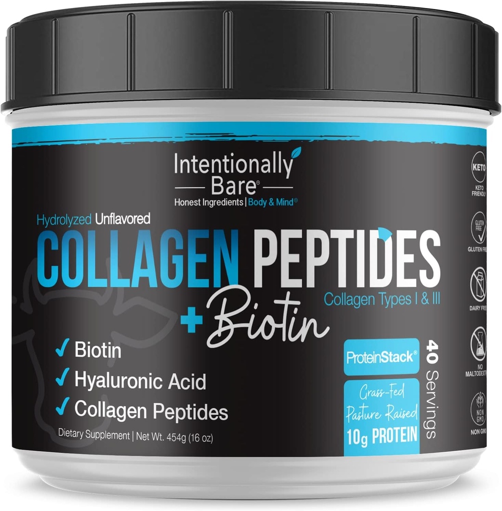 Neyse ki, Bare Collagen Toz Unflavored - Biotin & Hyaluronic Acid ile Collagen Powder Toz – Non-GMO & Grass Fed Collagen Protein Tozu 10g proteini - Keto Collagen Toz 40 Hizmetler