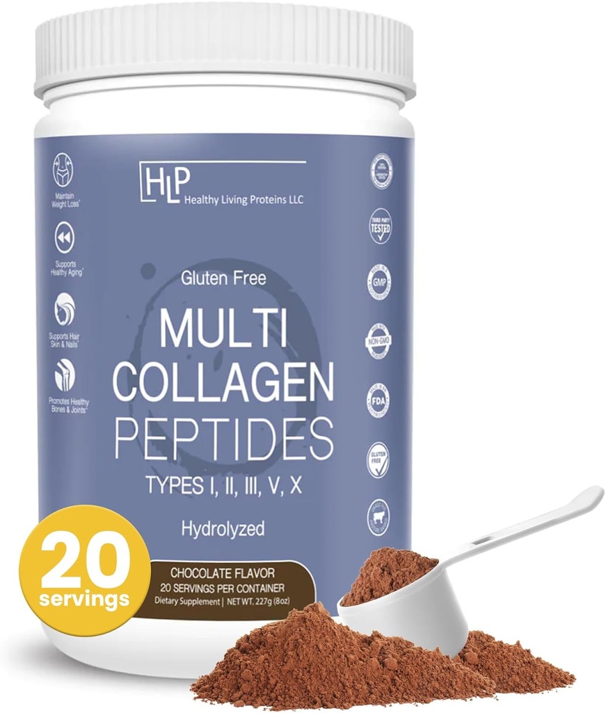 Sağlıklı Yaşam Proteinleri - Hidrolyzed Multi Collagen, Toz Türü I, II, III, V & X - Grass Fed Bovine, Wild Caught Marine, Free Range Chicken - Gluten Free (Ccolate, 8 oz)